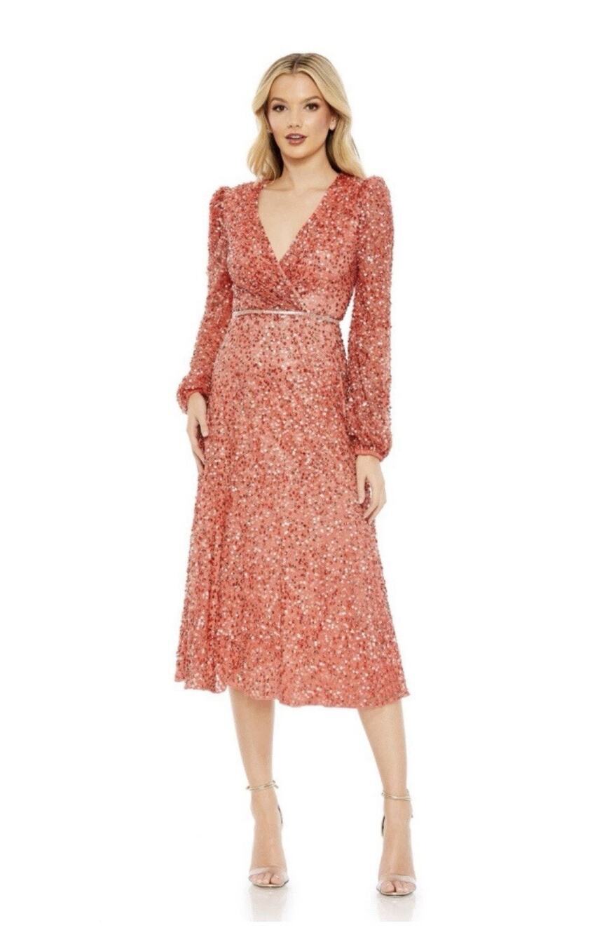Mac Duggal 5588 Coral Embellished Long Sleeve Midi Dress Size 8 $398